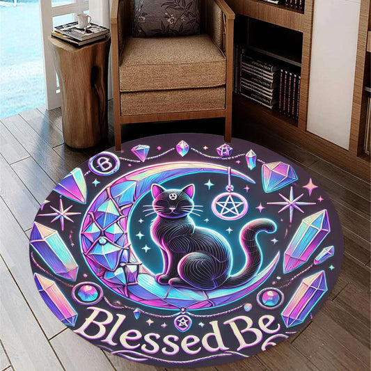 Wicca Black Cat Round Rug Witchy Cat on the Moon Carpet Wiccan Home Decor-MoonChildWorld