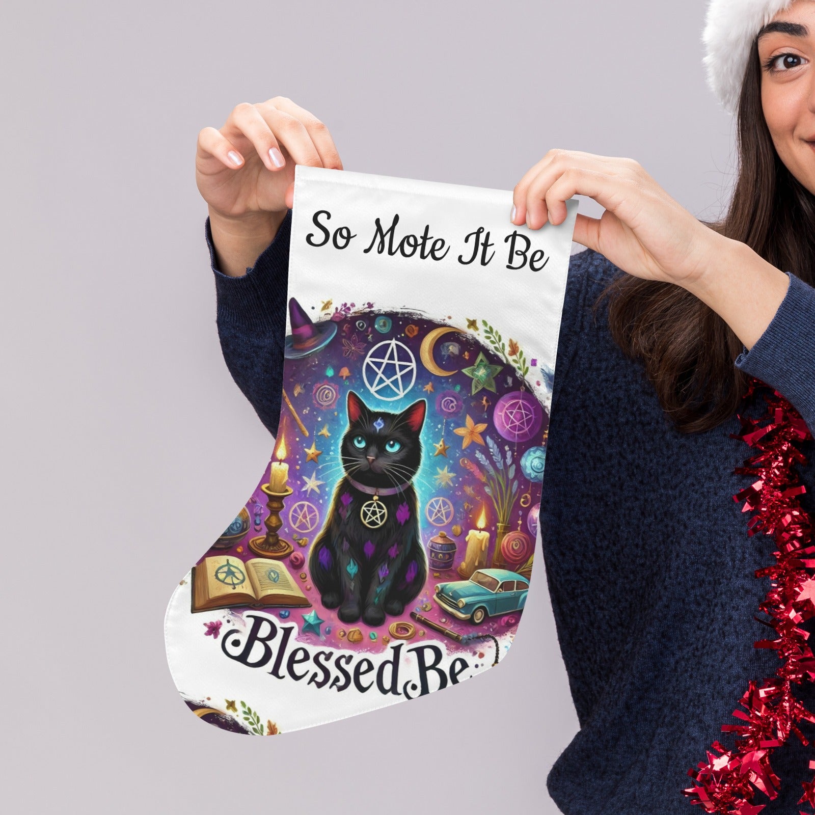 Wicca Black Cat Witchy Christmas Stocking for Yule Decorations-MoonChildWorld