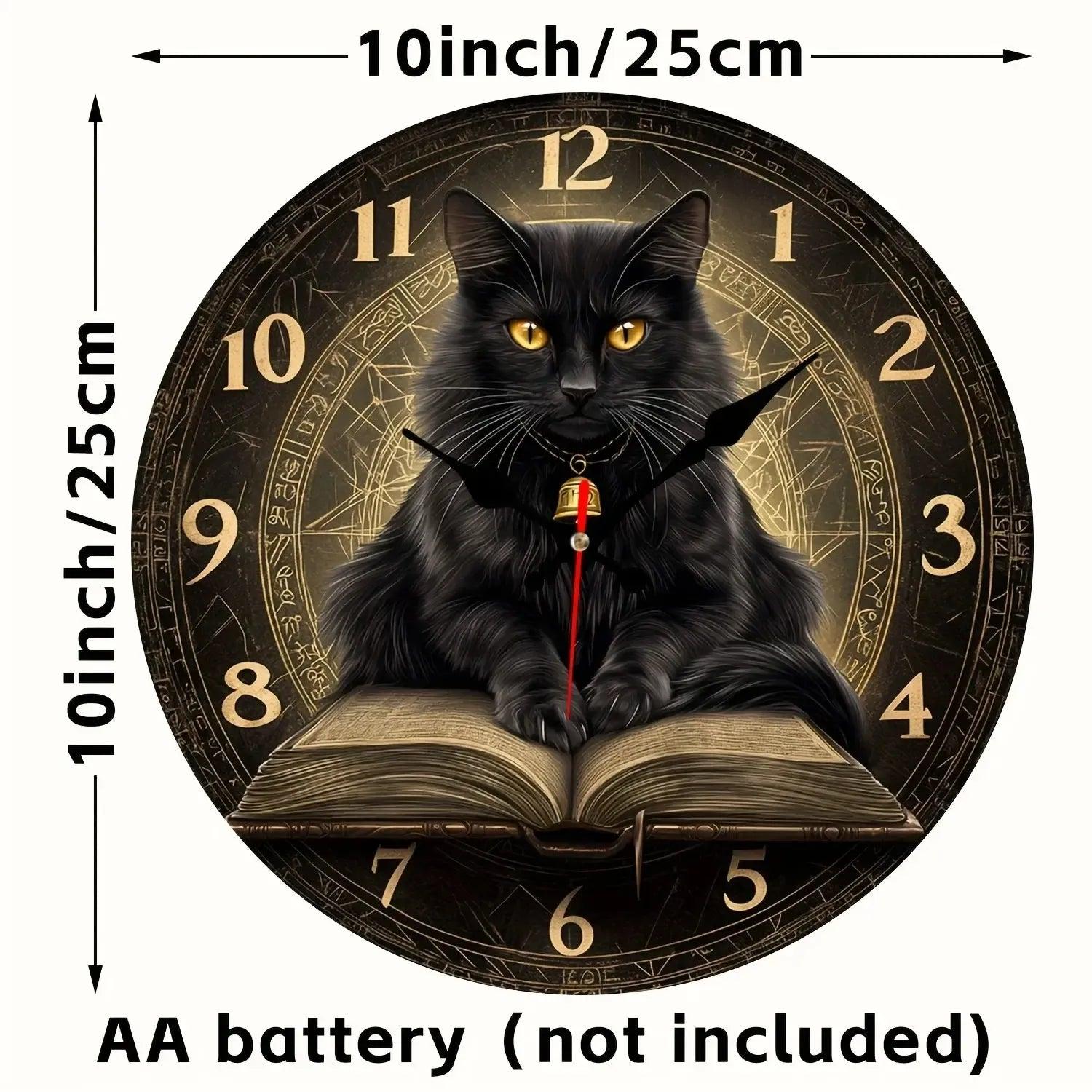 Wicca Black Cat on Spell Book Wooden Wall Clock Witchcraft Wall Decor-MoonChildWorld