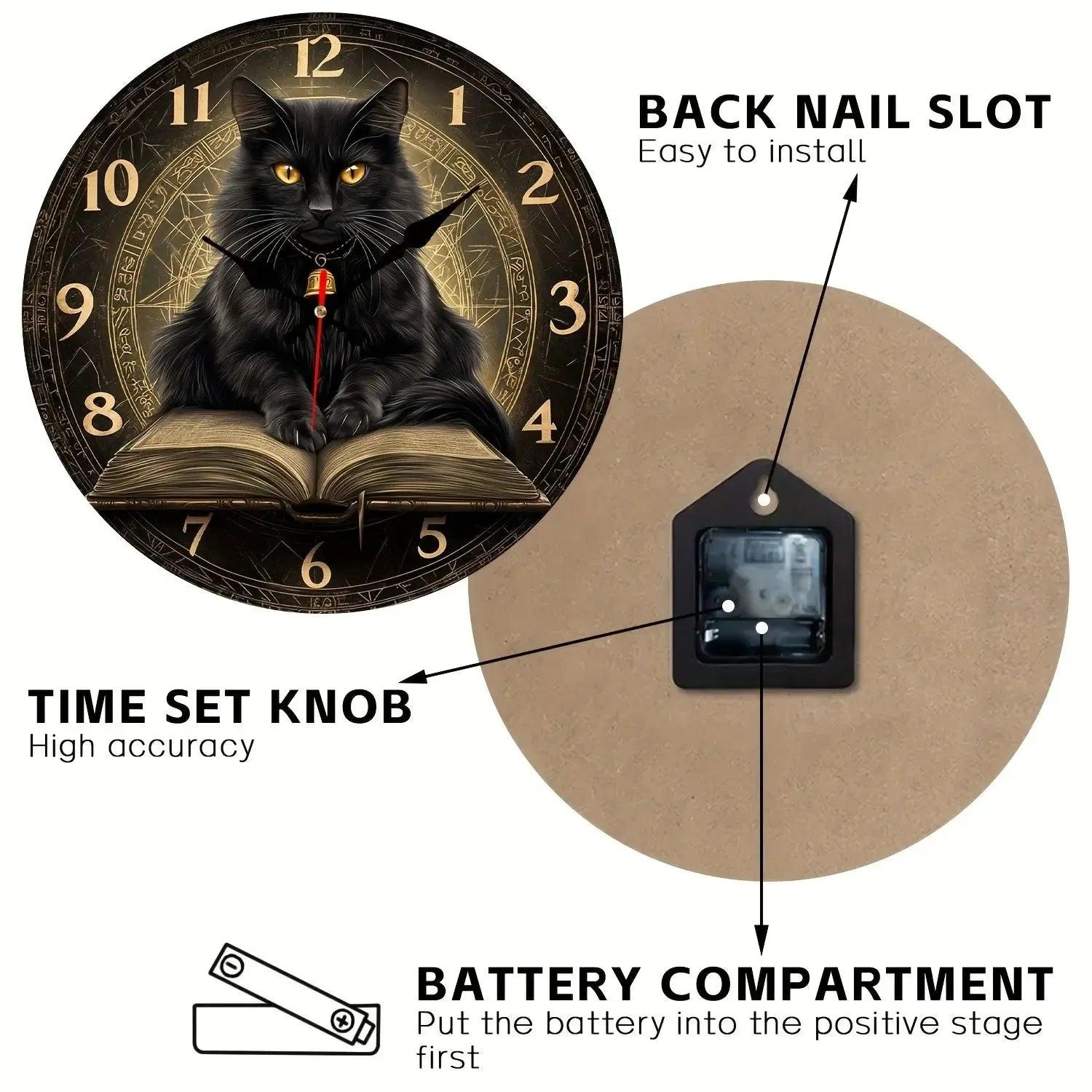 Wicca Black Cat on Spell Book Wooden Wall Clock Witchcraft Wall Decor-MoonChildWorld