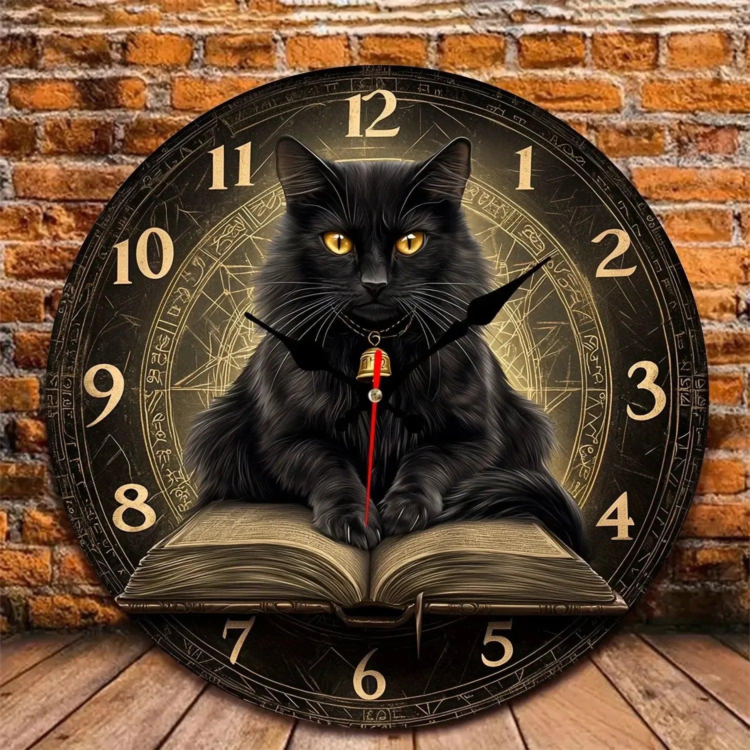 Wicca Black Cat on Spell Book Wooden Wall Clock Witchcraft Wall Decor
