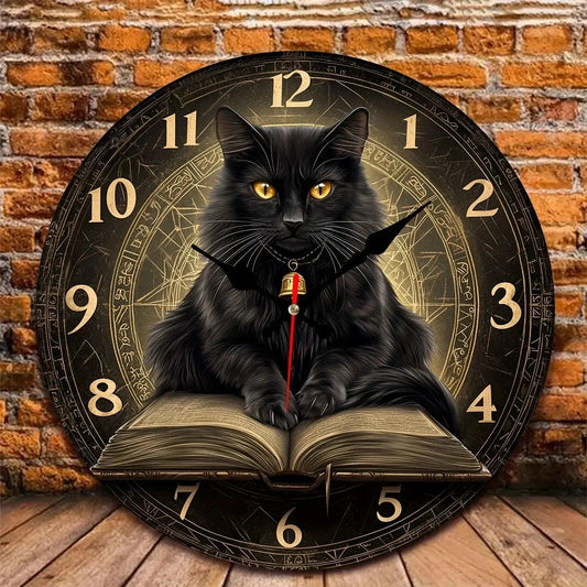 Wicca Black Cat on Spell Book Wooden Wall Clock Witchcraft Wall Decor-MoonChildWorld