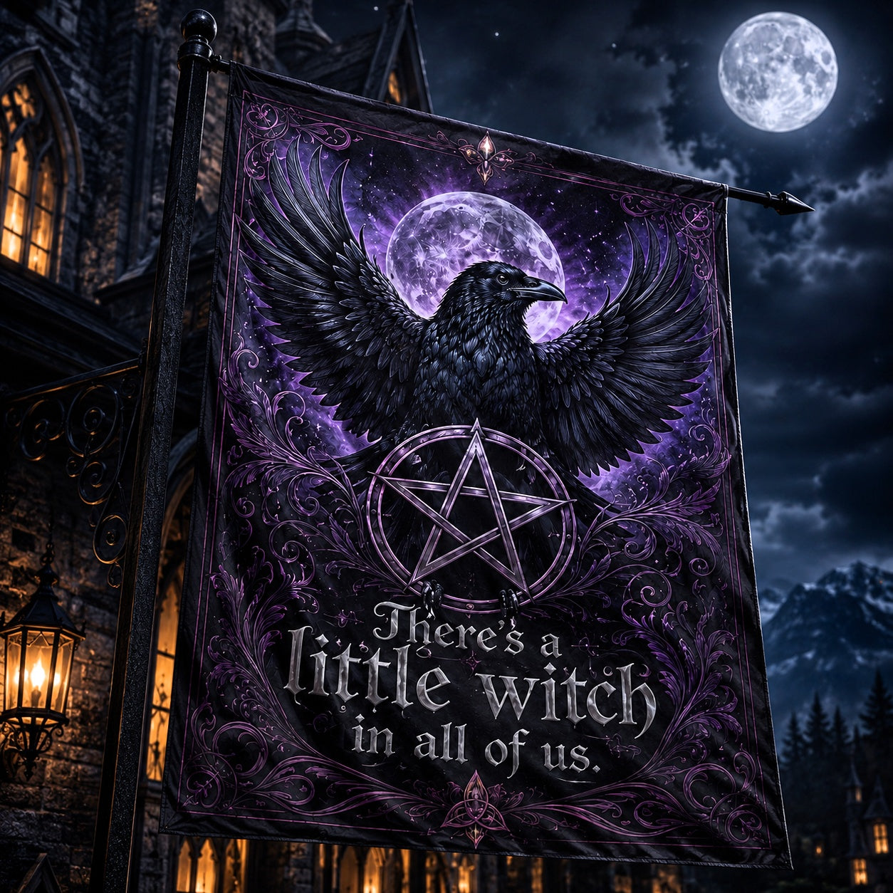Wicca Black Raven Pentacle house flag displayed outdoors on a garden flag stand