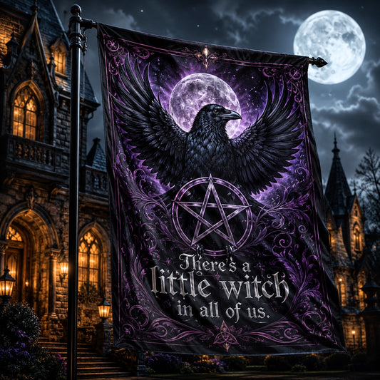 Wicca Black Raven Pentacle house flag with witch quote gothic design