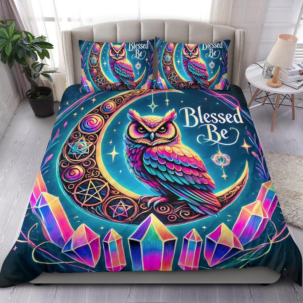 Wicca Blessed Be Crystal Moon Owl Bedding Set for Witchy Home Decor-MoonChildWorld