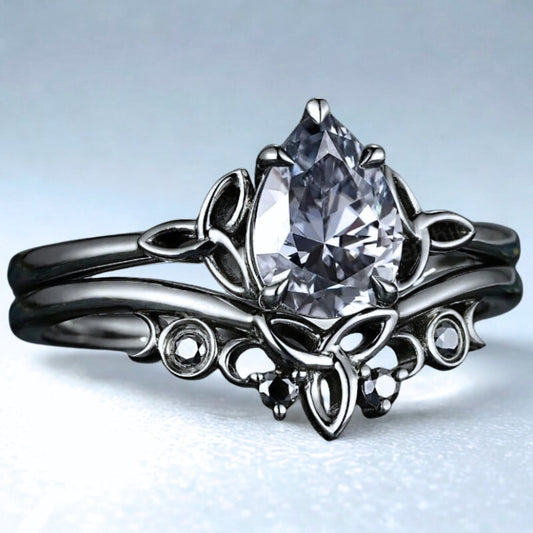 Wicca Celtic Knot Triple Moon Ring - Gothic Gray Moissanite Norse Viking Witchy Promise Wedding Ring-MoonChildWorld