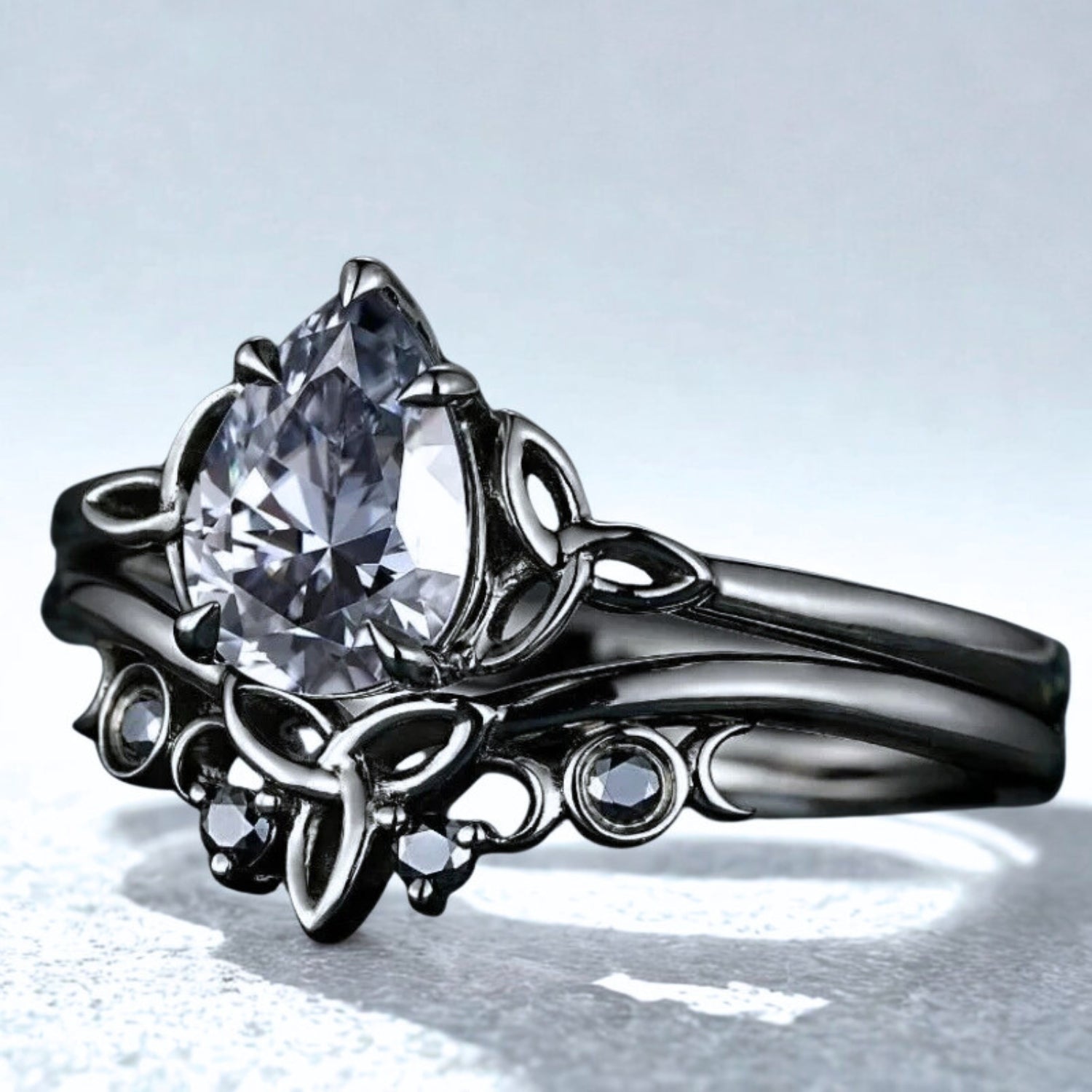 Wicca Celtic Knot Triple Moon Ring - Gothic Gray Moissanite Norse Viking Witchy Promise Wedding Ring-MoonChildWorld