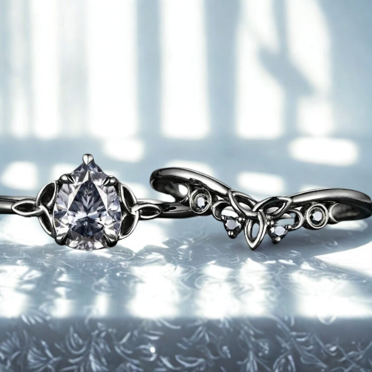 Wicca Celtic Knot Triple Moon Ring - Gothic Gray Moissanite Norse Viking Witchy Promise Wedding Ring-MoonChildWorld