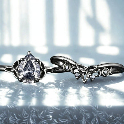 Wicca Celtic Knot Triple Moon Ring - Gothic Gray Moissanite Norse Viking Witchy Promise Wedding Ring-MoonChildWorld