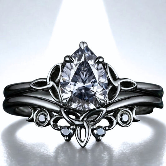 Wicca Celtic Knot Triple Moon Ring - Gothic Gray Moissanite Norse Viking Witchy Promise Wedding Ring-MoonChildWorld