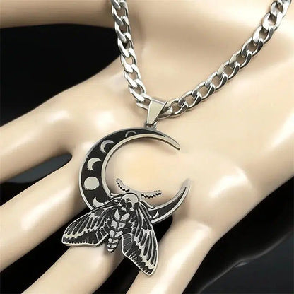 Wicca Crescent Moon Moth Necklace Gothic Jewelry-MoonChildWorld