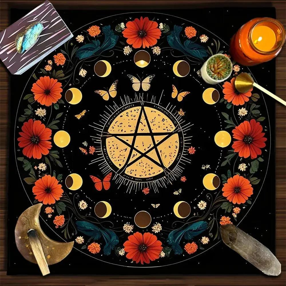 Wicca Divination Tablecloth Pentagram Floral Zodiac Witchcraft Tarot Altar Cloth for Tarot Reading-MoonChildWorld