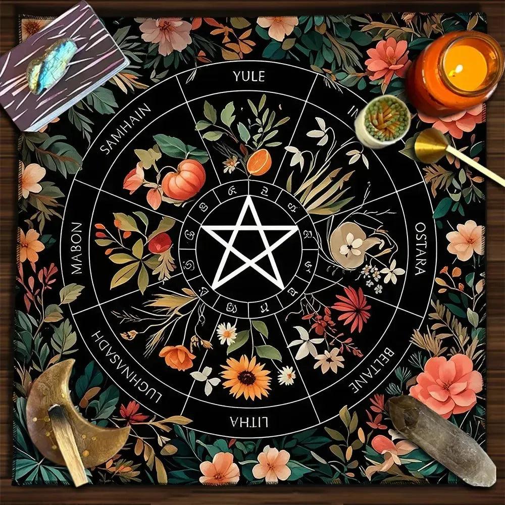 Wicca Divination Tablecloth Pentagram Floral Zodiac Witchcraft Tarot Altar Cloth for Tarot Reading-MoonChildWorld
