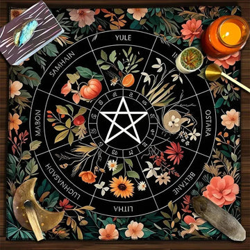 Wicca Divination Tablecloth Pentagram Floral Zodiac Witchcraft Tarot Altar Cloth for Tarot Reading-MoonChildWorld
