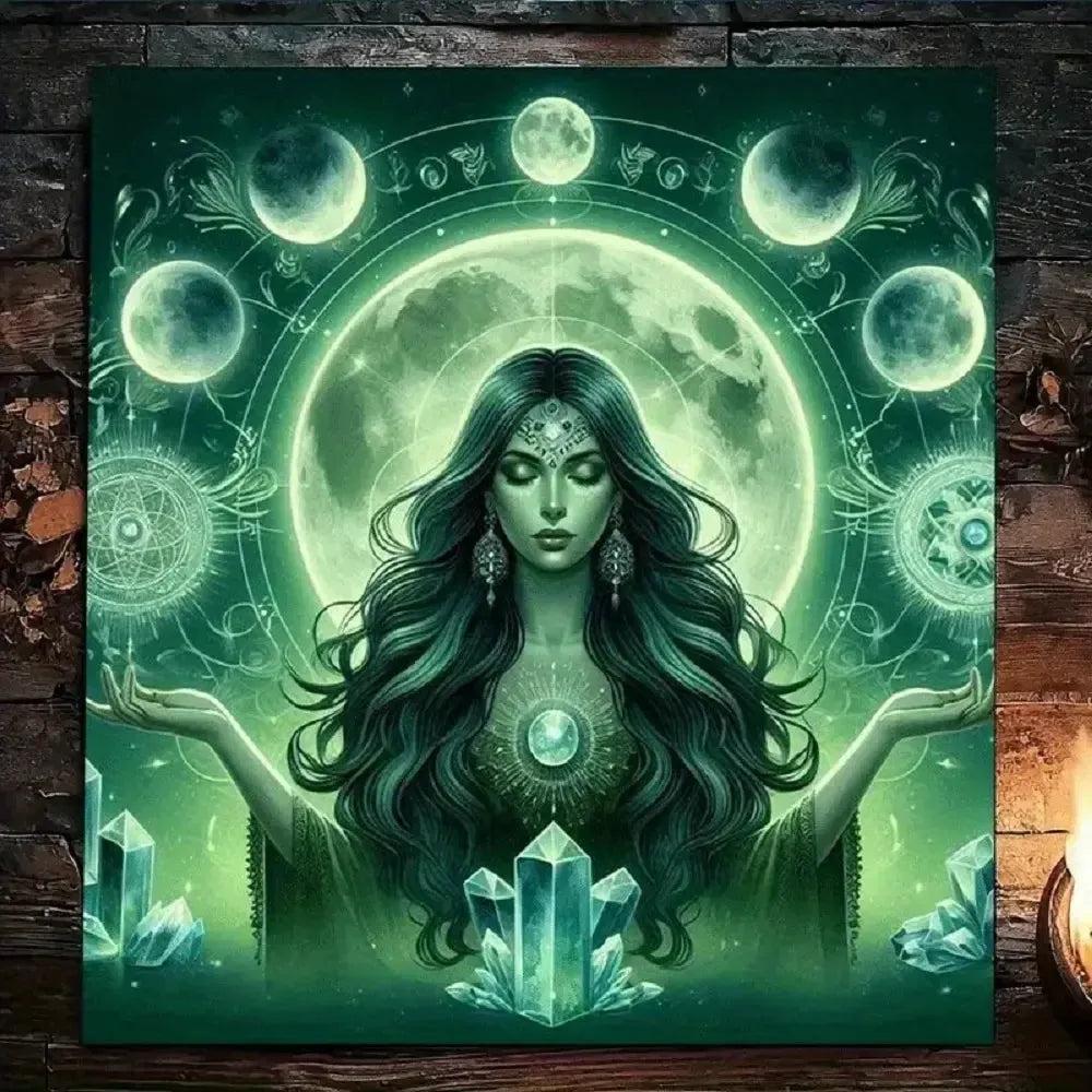 Wicca Goddess Mystical Moon Phase & Crystal Tarot Altar Cloth - Pagan Divination Tablecloth-MoonChildWorld