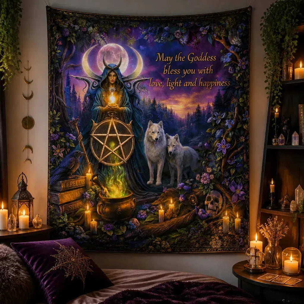Wicca Moon Goddess Tapestry with Pentacle & Wolves - Pagan Yule Wall Hanging_mockup_1.webp
