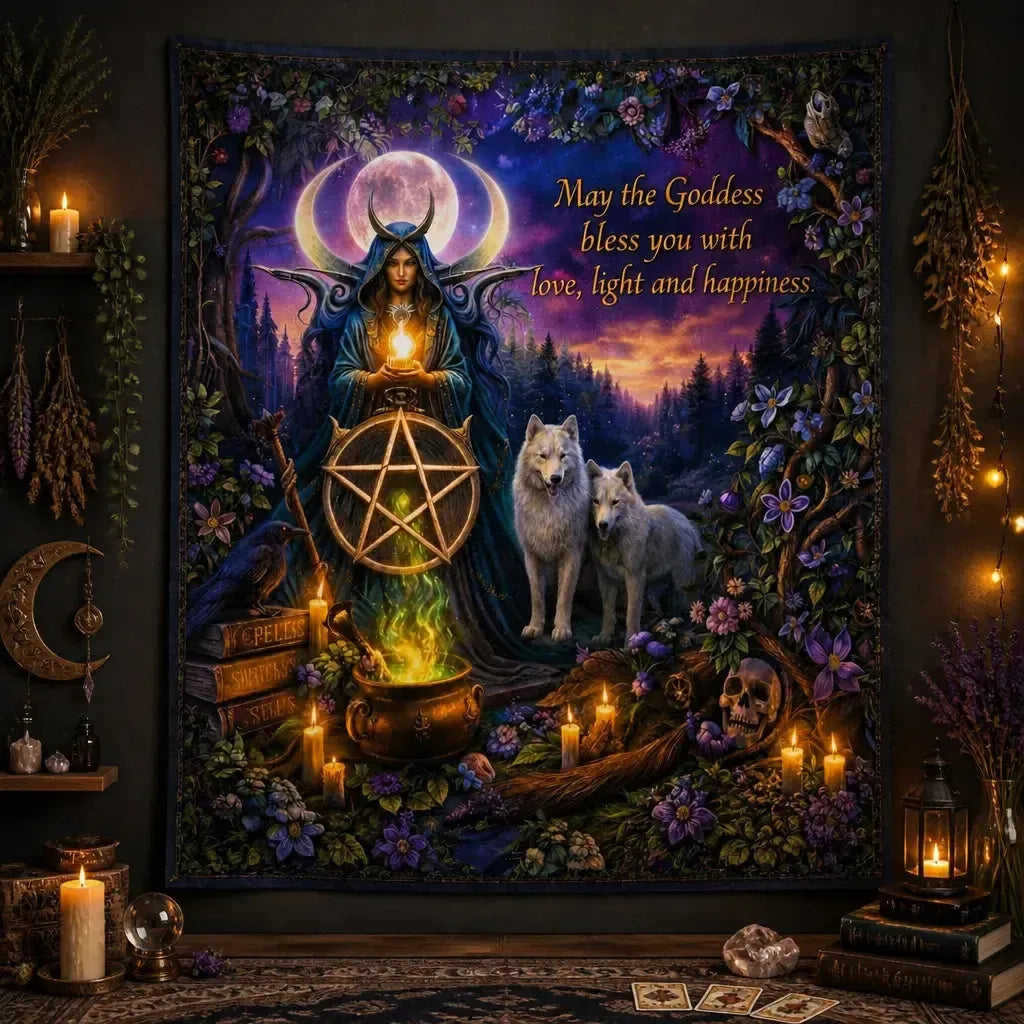 Wicca Moon Goddess Tapestry with Pentacle & Wolves - Pagan Yule Wall Hanging_mockup_2.webp