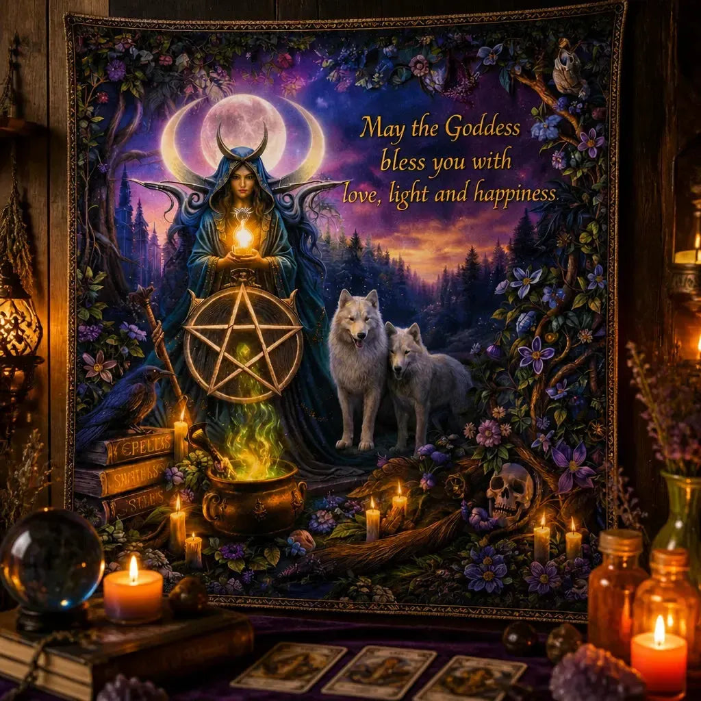 Wicca Moon Goddess Tapestry with Pentacle & Wolves - Pagan Yule Wall Hanging_mockup_3.webp