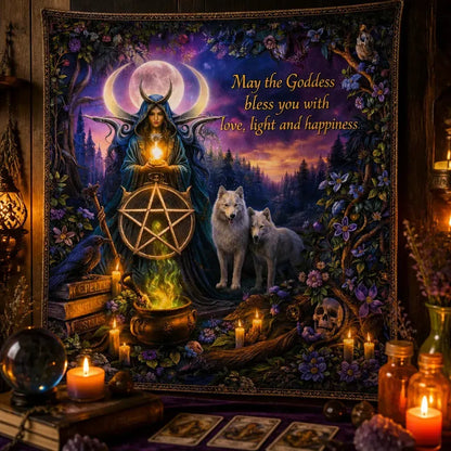 Wicca Moon Goddess Tapestry with Pentacle & Wolves - Pagan Yule Wall Hanging_mockup_3.webp