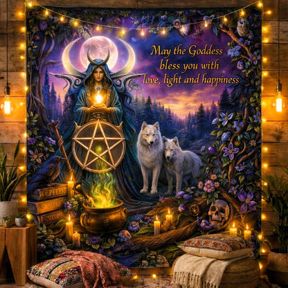 Wicca Moon Goddess tapestry with pentacle, wolves, and "May the Goddess bless you" text, lit by string lights.