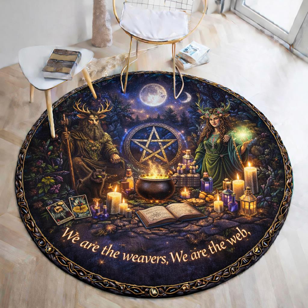 Wicca Moon Pentacle Pagan Goddess round rug with mystical forest, deities, cauldron, and candles.