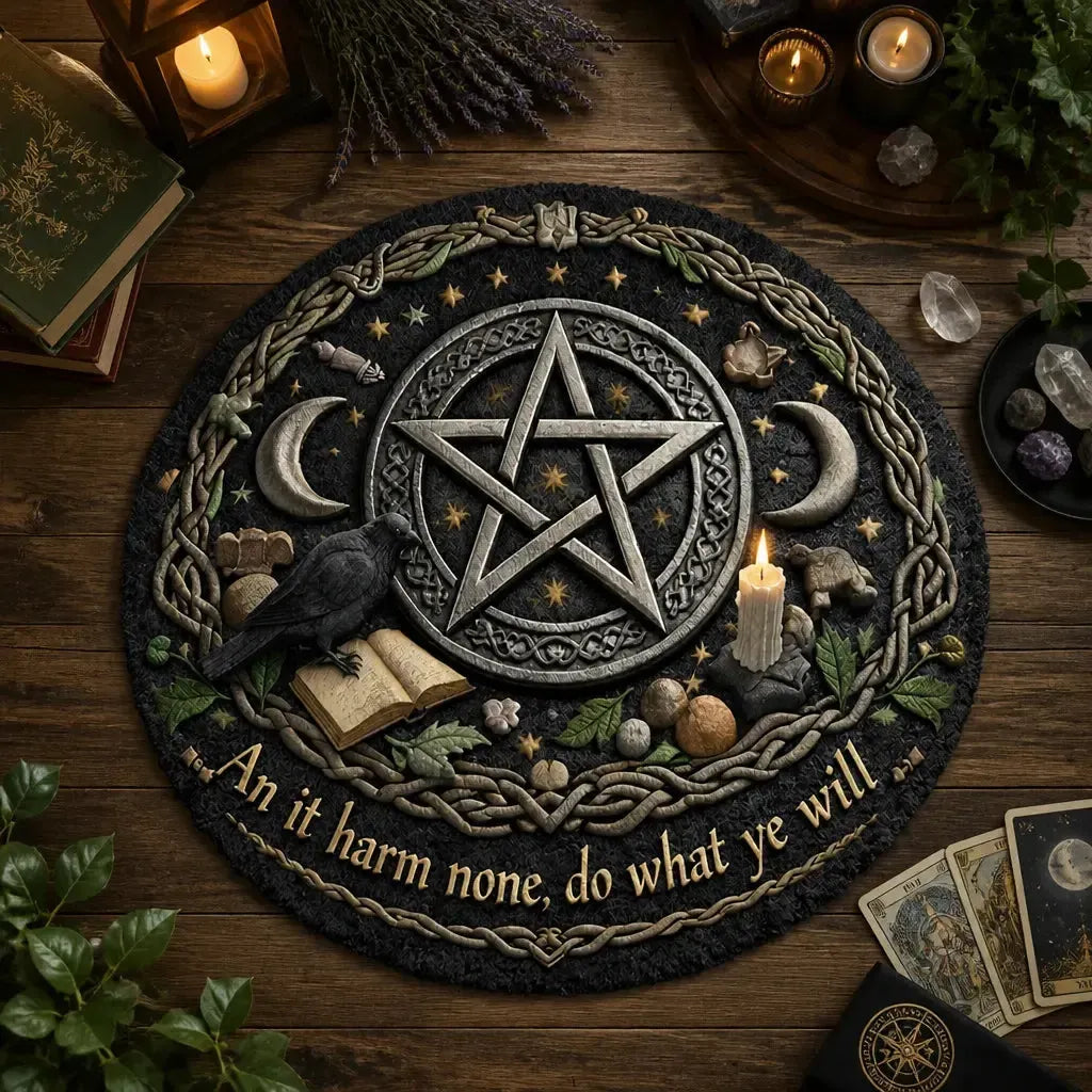 Wicca Moon and Pentacle Round Rug Witchy Crow Gothic Carpet Witch Home Decor_mockup_2.webp