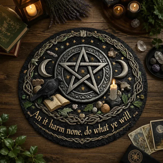 Wicca Moon and Pentacle Round Rug Witchy Crow Gothic Carpet Witch Home Decor_mockup_2.webp