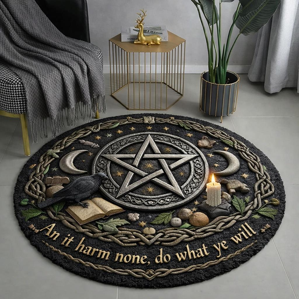 Black round Wicca rug with a central pentacle, crescent moons, crow, candle, and "An it harm none" text.