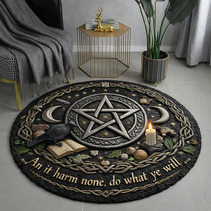 Black round Wicca rug with a central pentacle, crescent moons, crow, candle, and "An it harm none" text.