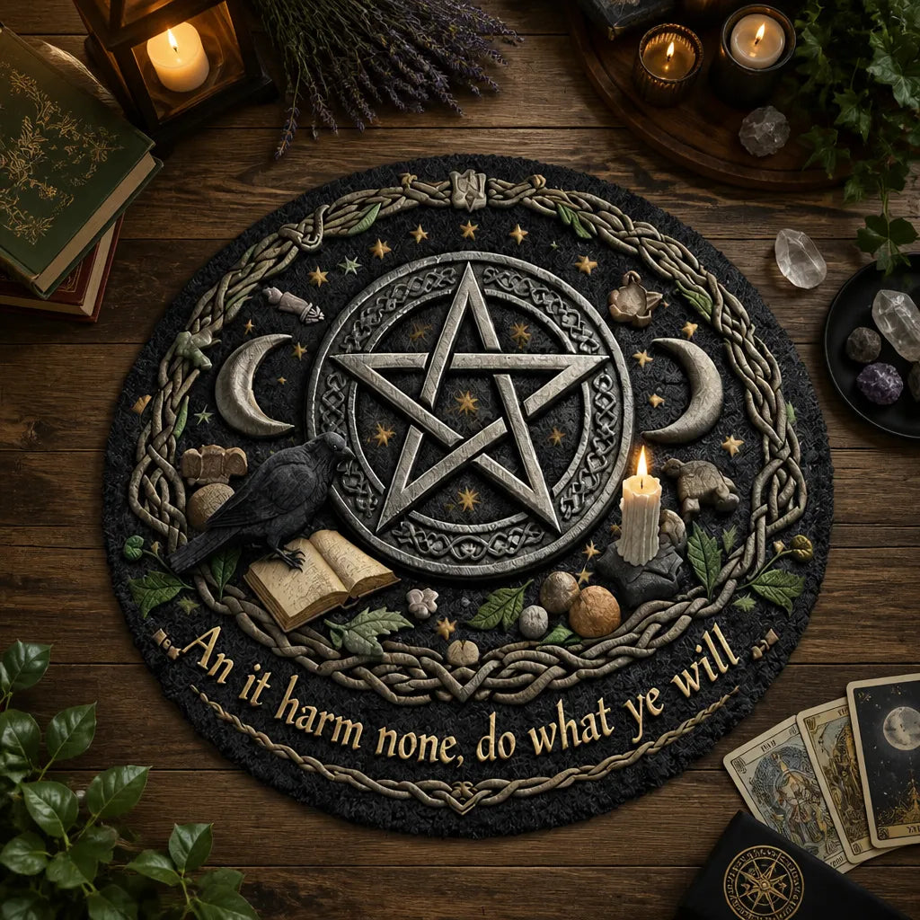 Wicca Moon and Pentacle Round Rug Witchy Crow Gothic Carpet Witch Home Decor_mockup_2.webp