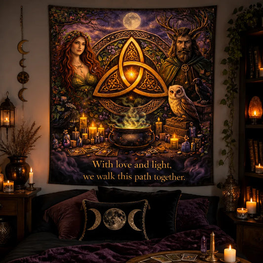 Wicca & Pagan Goddess Tapestry with Celtic Knot Triquetra Witchy Wall Hanging_mockup_1.webp