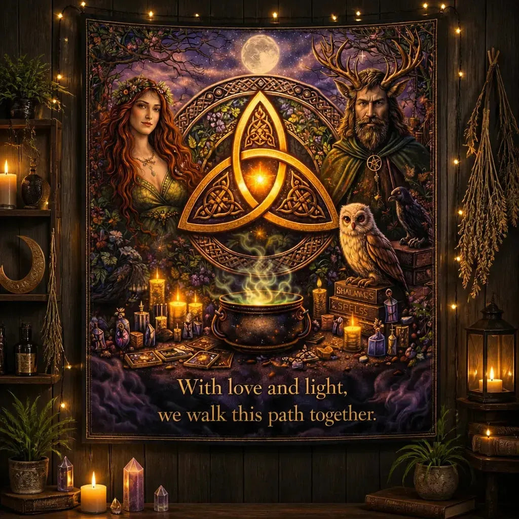 Wicca & Pagan Goddess Tapestry with Celtic Knot Triquetra Witchy Wall Hanging_mockup_2.webp