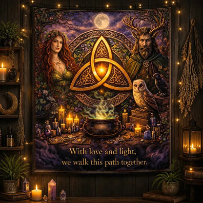 Wicca & Pagan Goddess Tapestry with Celtic Knot Triquetra Witchy Wall Hanging_mockup_2.webp