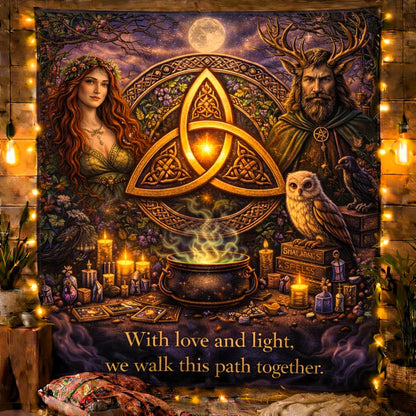Wicca & Pagan Goddess tapestry with Celtic Knot Triquetra, witchy wall hanging, and mystical figures.
