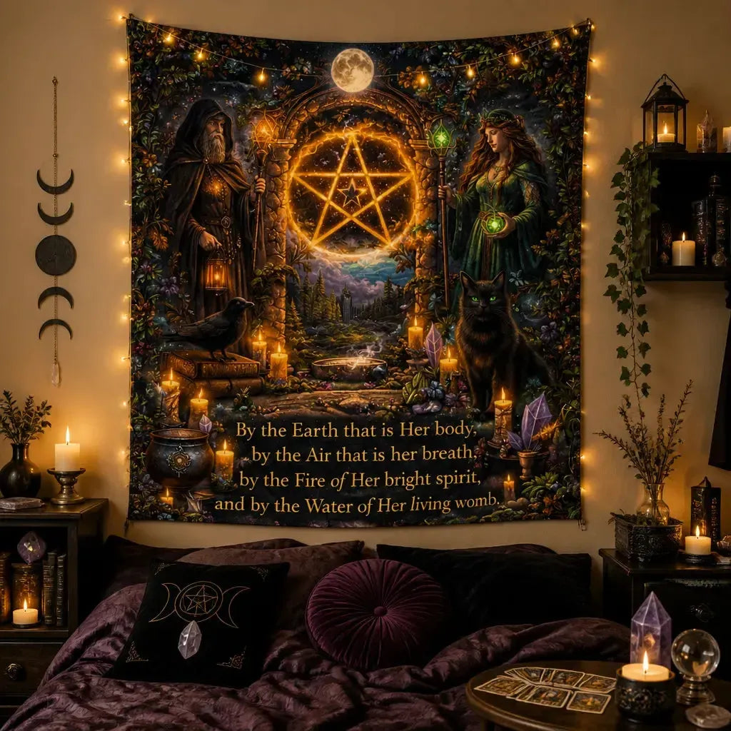 Wicca & Pagan Goddess Tapestry with Pentacle - Nature Witchy Wall Hanging_mockup_1.webp