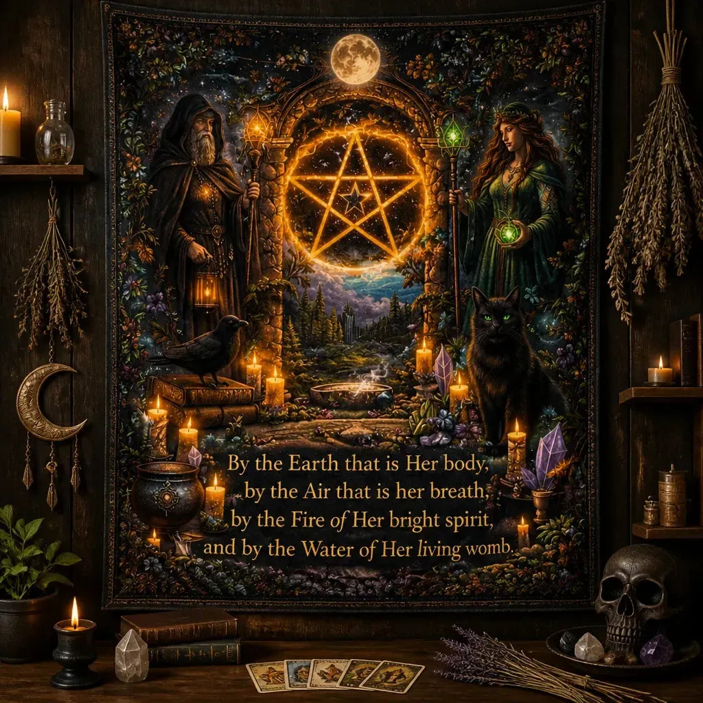 Wicca & Pagan Goddess Tapestry with Pentacle - Nature Witchy Wall Hanging_mockup_2.webp