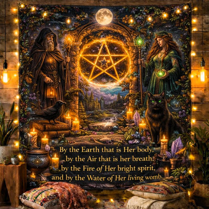 Mystical Wicca & Pagan Goddess tapestry with a glowing pentacle, witch, wizard, black cat, and nature scene.