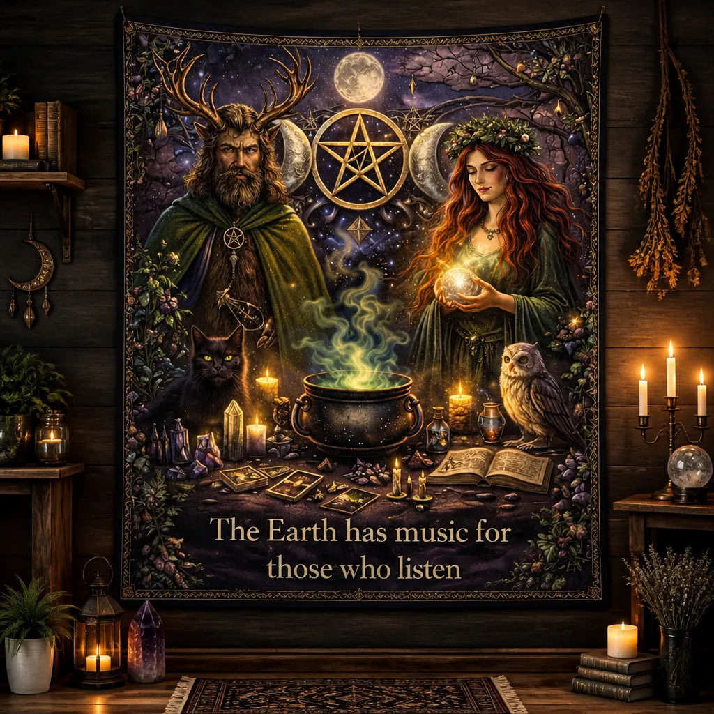 Wicca & Pagan Goddess Tapestry with Pentagram Triple Moon - Nature Witchy Wall Hanging_mockup_2.webp