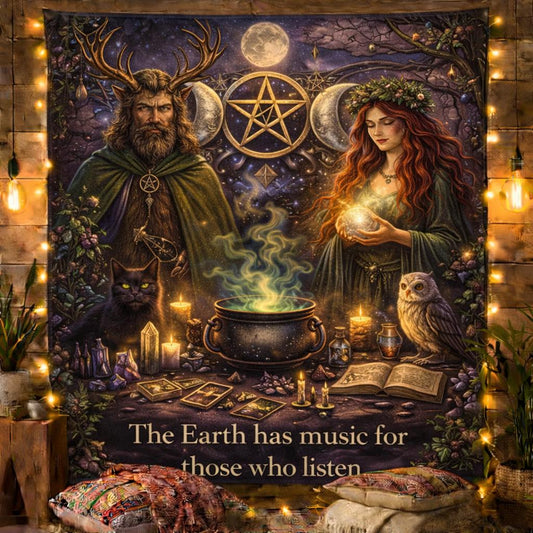 Wicca & Pagan Goddess tapestry with Triple Moon, Pentagram, Horned God, and Nature Witchy Wall Hanging.