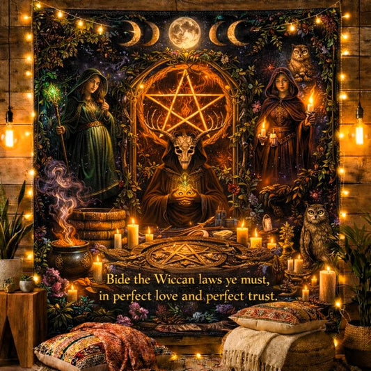 Dark Wiccan altar tapestry with a glowing pentagram, moon phases, witches, and owls, surrounded by string lights.