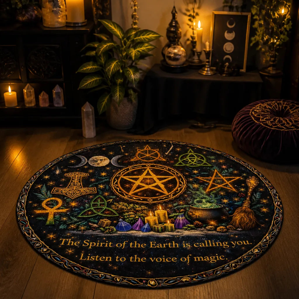 Wicca Pagan Symbols Pentacle Triple Moon Celtic Round Rug - Witchy Carpet for Yule Home Decor_mockup_1.webp