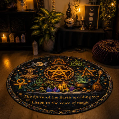 Wicca Pagan Symbols Pentacle Triple Moon Celtic Round Rug - Witchy Carpet for Yule Home Decor_mockup_1.webp