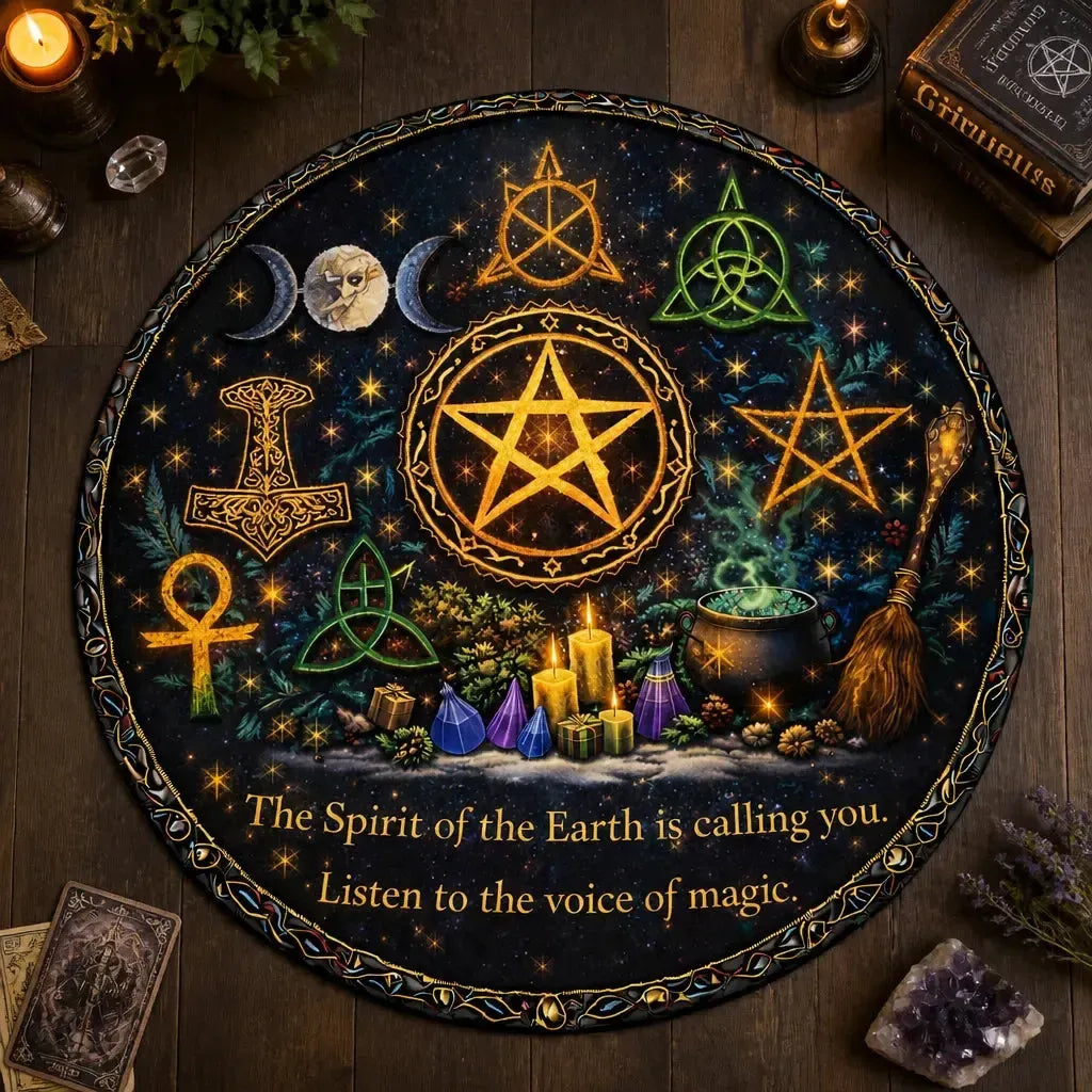 Wicca Pagan Symbols Pentacle Triple Moon Celtic Round Rug - Witchy Carpet for Yule Home Decor_mockup_2.webp