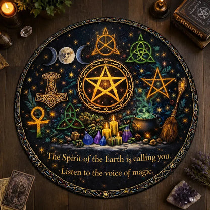 Wicca Pagan Symbols Pentacle Triple Moon Celtic Round Rug - Witchy Carpet for Yule Home Decor_mockup_2.webp