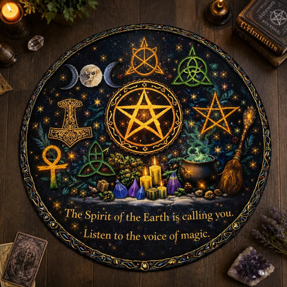 Wicca Pagan Symbols Pentacle Triple Moon Celtic Round Rug - Witchy Carpet for Yule Home Decor_mockup_2.webp