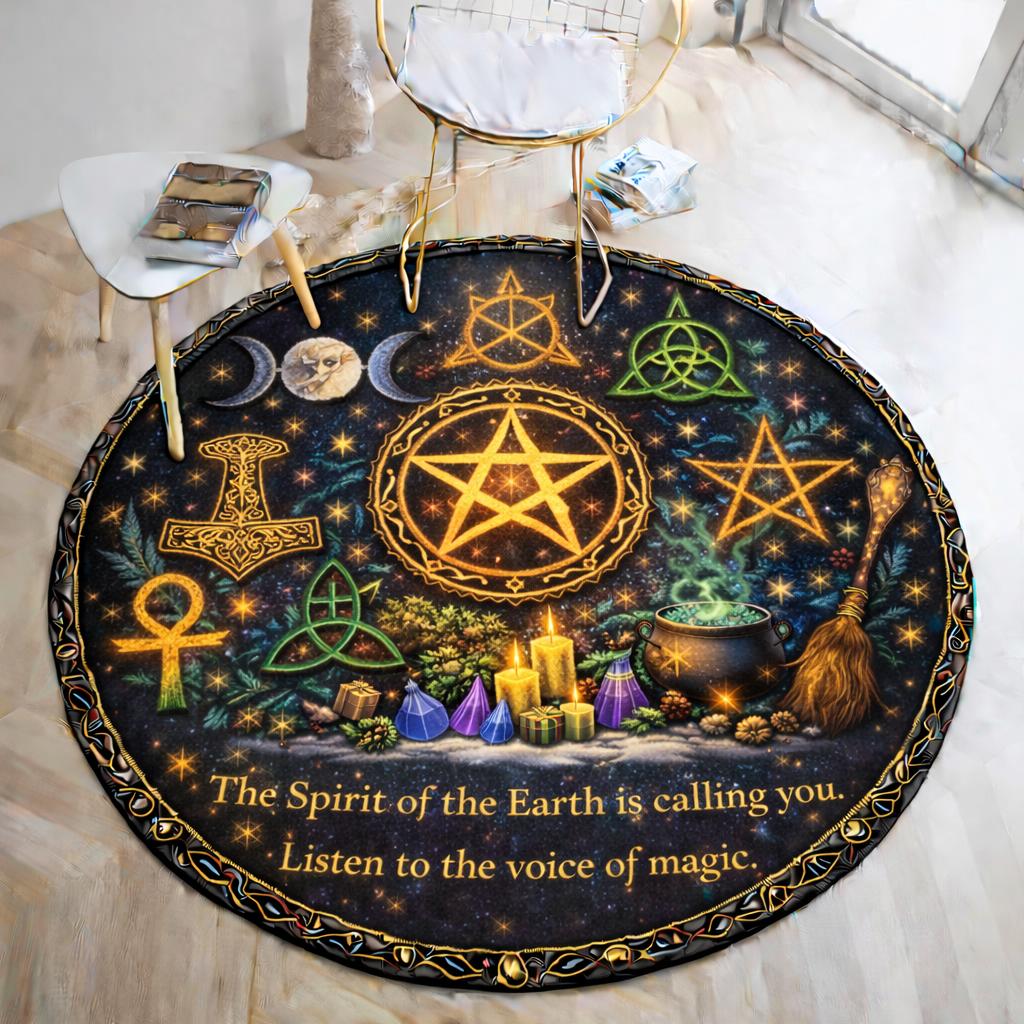 Black round Wicca rug with glowing pentacle, triple moon, Celtic knots, and witchy symbols.