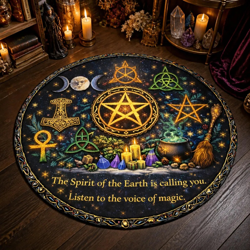 Wicca Pagan Symbols Pentacle Triple Moon Celtic Round Rug - Witchy Carpet for Yule Home Decor_mockup_3.webp