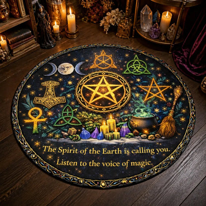 Wicca Pagan Symbols Pentacle Triple Moon Celtic Round Rug - Witchy Carpet for Yule Home Decor_mockup_3.webp