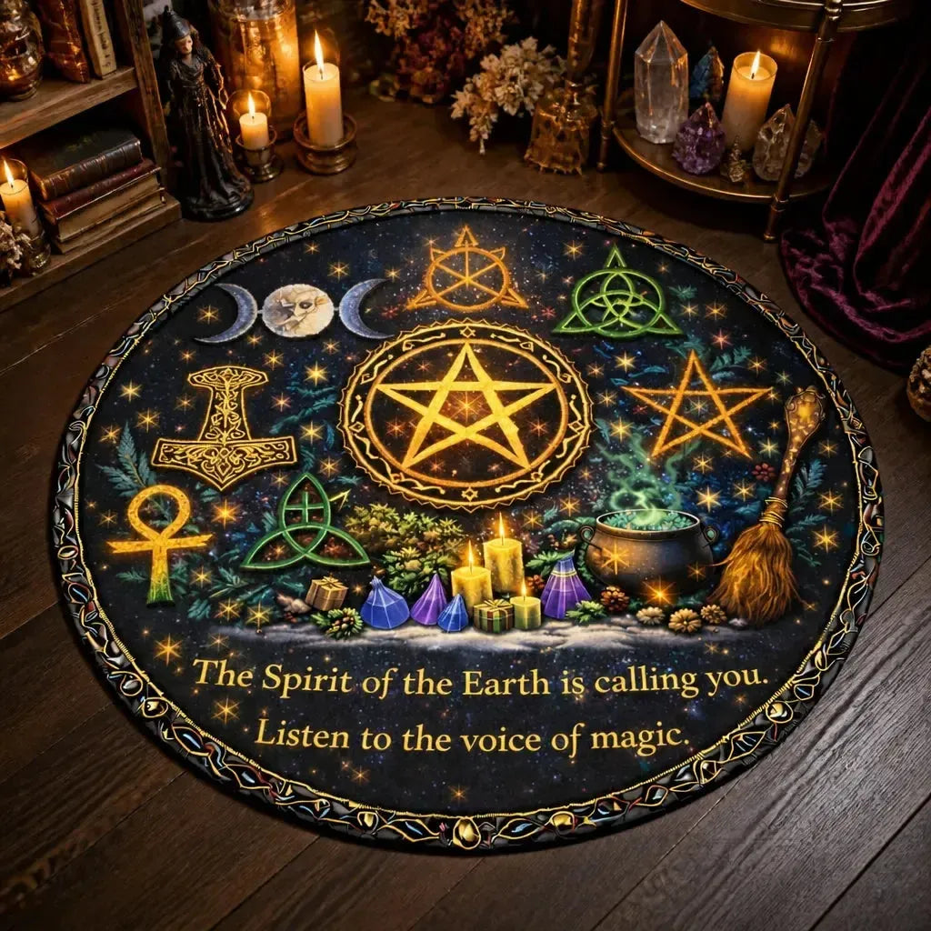Wicca Pagan Symbols Pentacle Triple Moon Celtic Round Rug - Witchy Carpet for Yule Home Decor_mockup_3.webp
