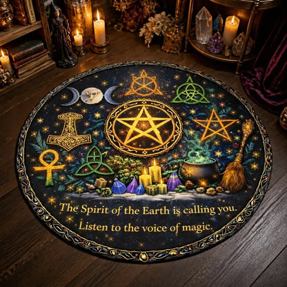 Wicca Pagan Symbols Pentacle Triple Moon Celtic Round Rug - Witchy Carpet for Yule Home Decor_mockup_3.webp